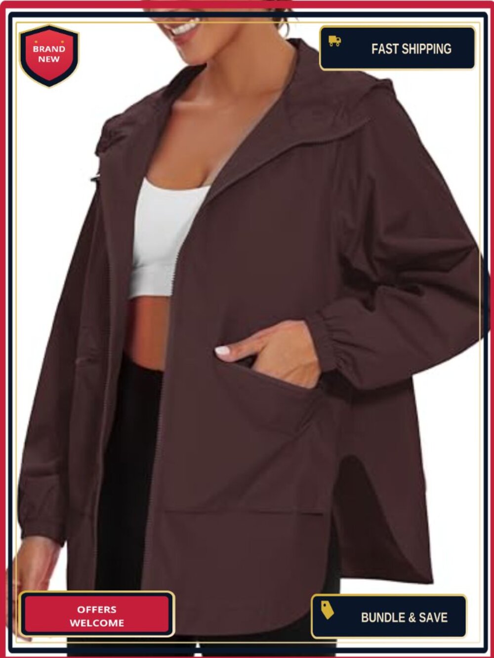 Waterproof Rain Jacket Women Lightweight Trench Hooded Windbreaker with Pockets